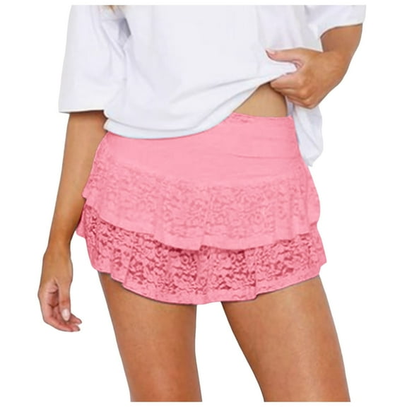 Women Lace Skirt Ruffle Hem Tiered Skirt Low Waist Skirt Sheer Floral Lace Tiered Skirt