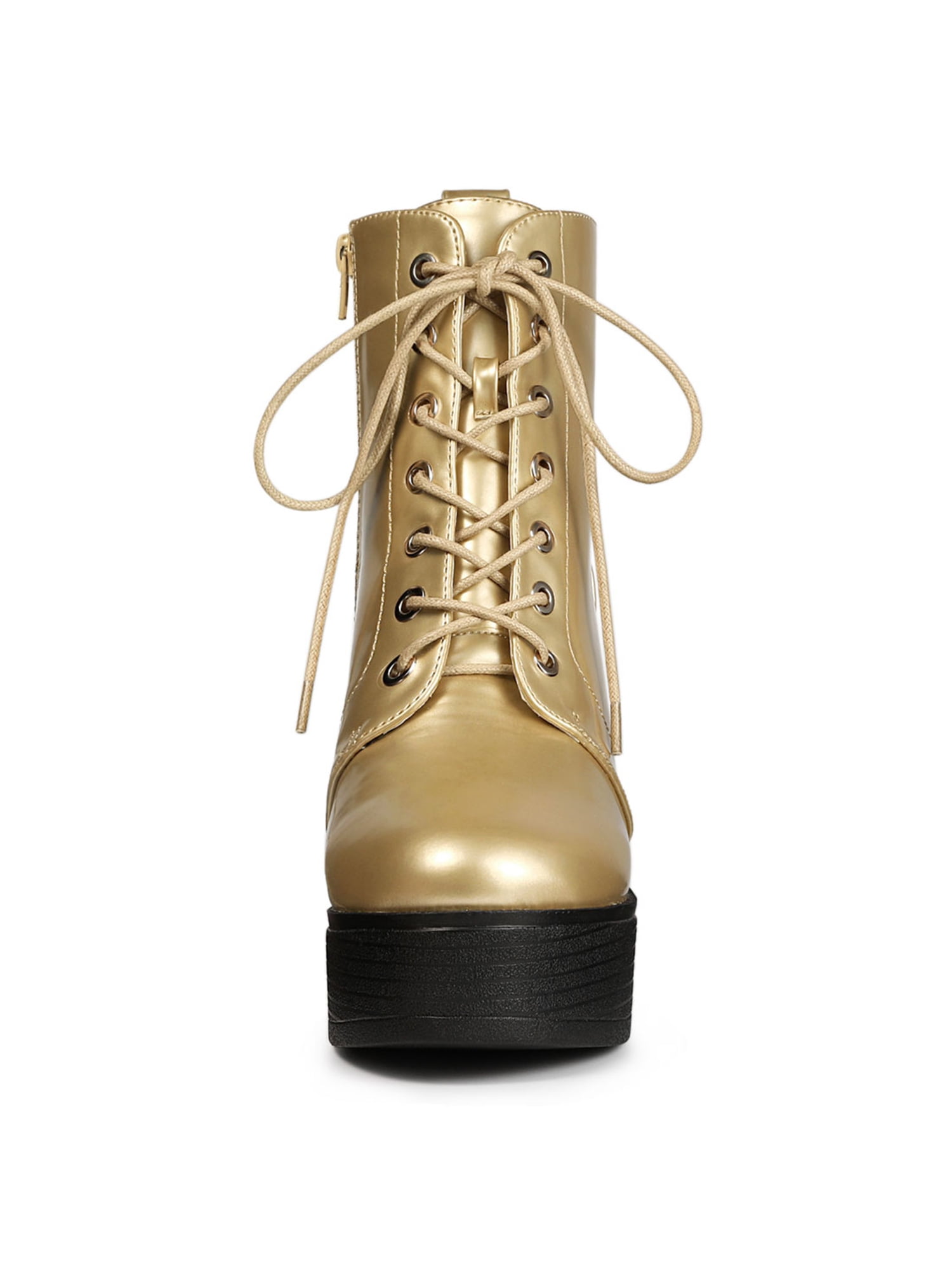 Unique Bargains Women's Platform Chunky High Heel Lace up Combat Boots Gold 7.5