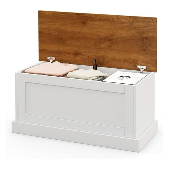 35.5” Storage , Lift Top Storage Box with Metal Hinges, Entryway Storage Chest with Safety Hydraulic Strut, Large Farmhouse Storage Trunk for Living Room, Bedroom, White and Natural
