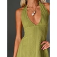 thumbnail image 3 of Green Deep V-Neck Halter Mini Dress With Hollow-Out Jacquard Pattern, Vacation Style Spring Summer, 3 of 7