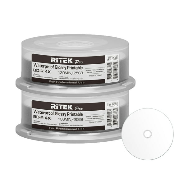50 Pack Ritek Pro (Professional Grade) BD-R Blu-ray 4X 25GB Watershield Water Resistant Glossy White Inkjet Hub Printable Blank Recordable Disc
