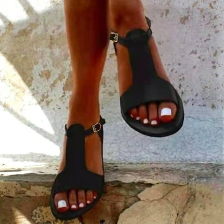 

〖Yilirongyumm〗 Black 39 Sandals Women Solid Hollow Ladies Size Sandals Leather Color Fashion Buckle Flat Plus Women s Sandals