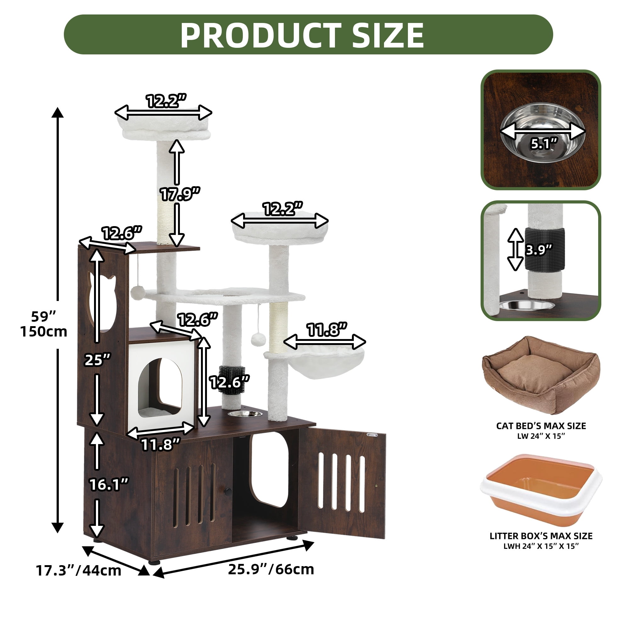 Uforic 2-in-1 Cat Tree with Litter Box Enclosure,59" Modern Cat Condo with Scratching Posts & Hammocks, Rustic Brown