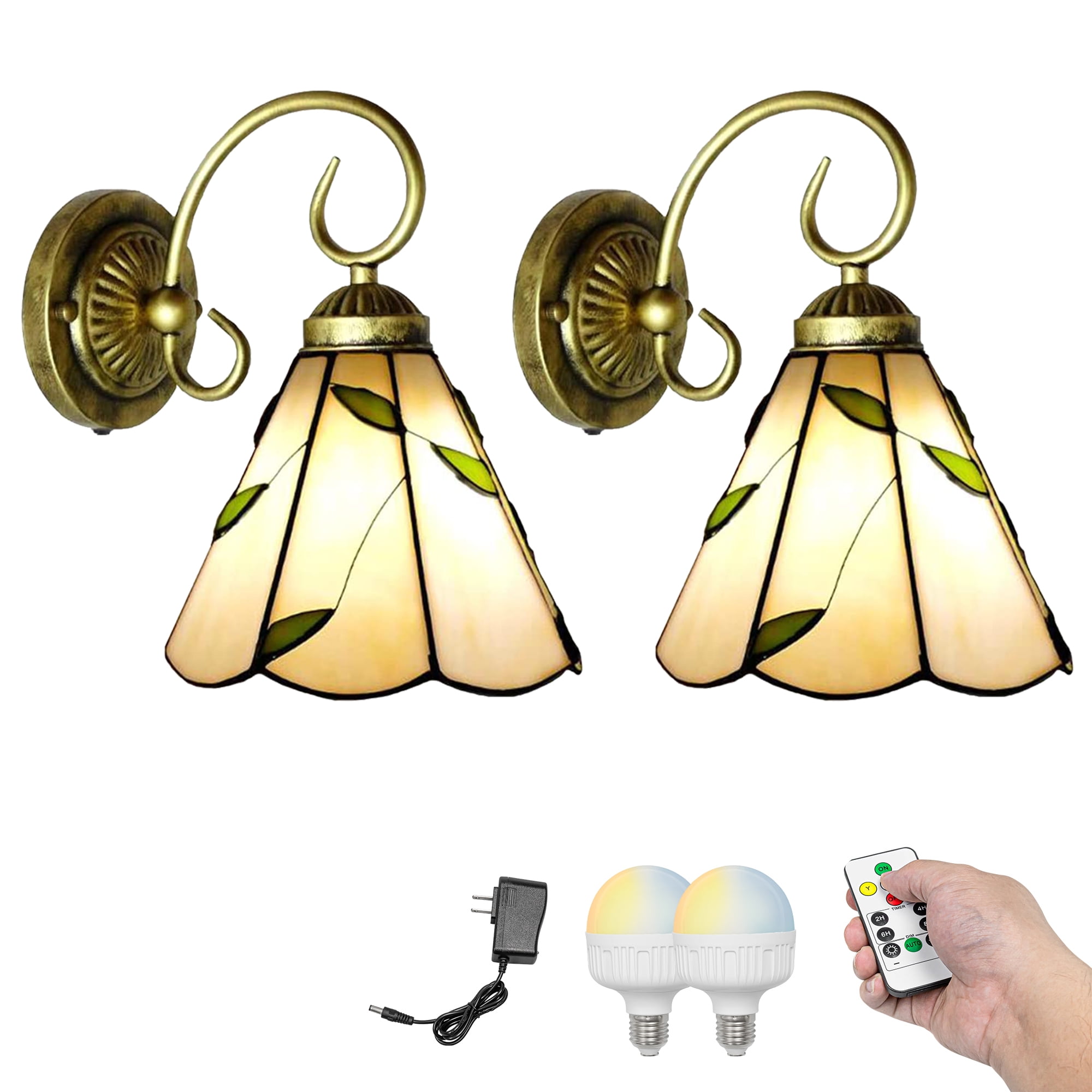 Kiven Battery Operated Wall Sconces, Tiffany Style Wall Lights with