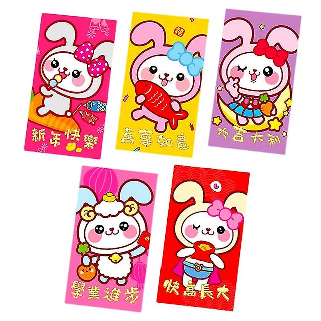 Sobres rojos con diseño de conejo de dibujos animados, papel recubierto estampado, sobres rojos con estampado de conejito para Año Nuevo, 5 uds.