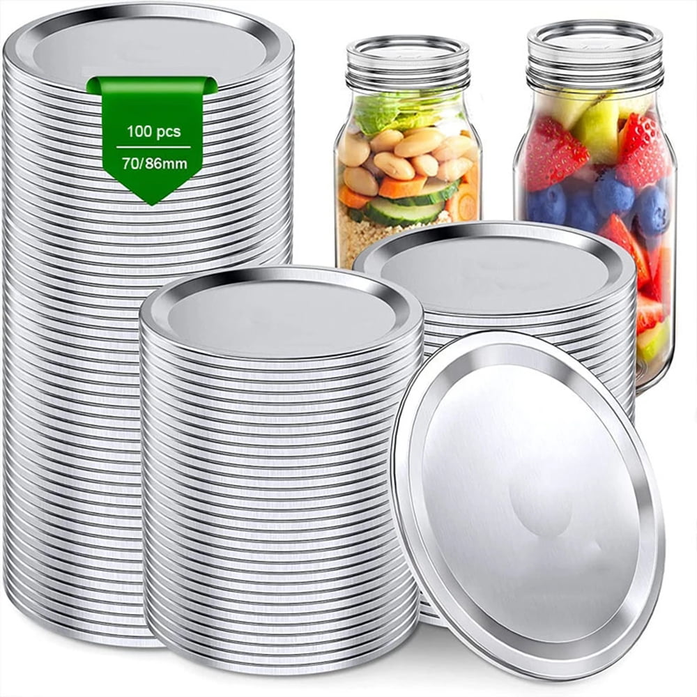 Silver,86 mm 100 Pieces Canning Jar Lids and Bands Set Split-type Lids with Silicone Seals Rings Leak Proof and Secure Canning Jar Caps 