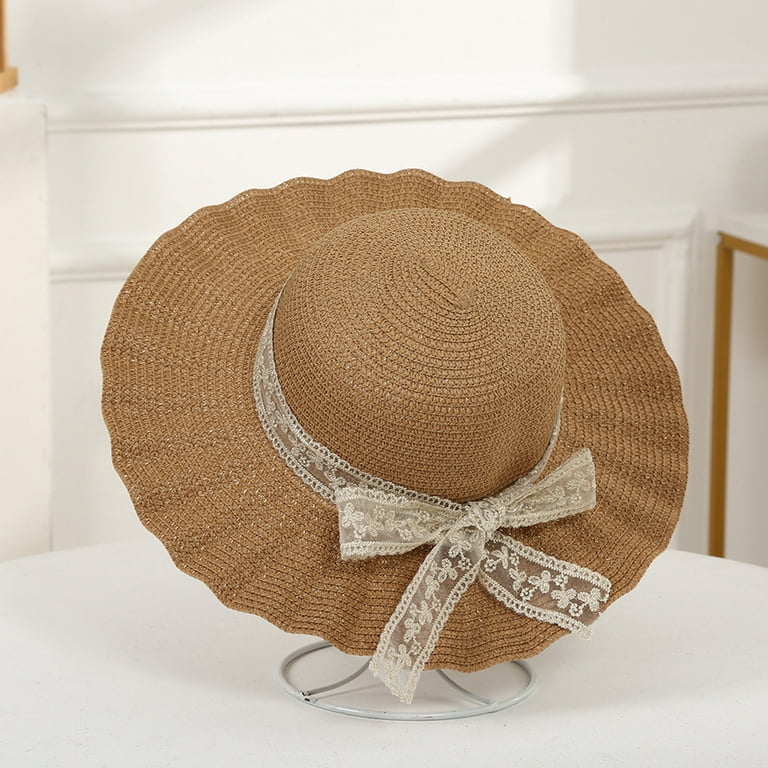 Waroomhouse Women Hat Lace Butterfly Knot Handmade Wide Brim Round Dome  Straw Sun Protection Pleated Classic Straw Sun Beach Hat Travel Supply