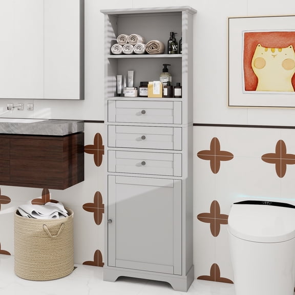 Gray Tall Storage Cabinet with 3 Drawers and Adjustable Shelves for Bathroom, Study, Office and Interior, MDF Board with Painted Finish