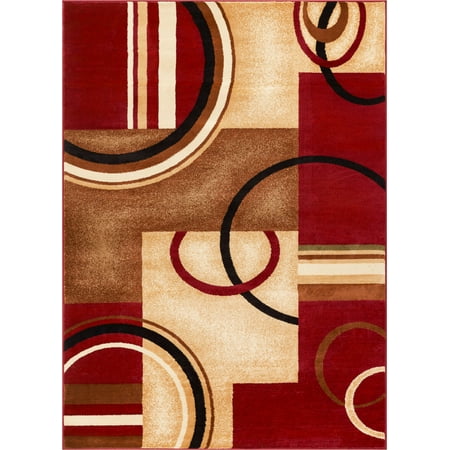 3x5 Oval Rugs Well Woven Deco Rings Red Ivory Light Blue Geometric Modern Casual Area Rug Easy to Clean Stain Fade Resistant Shed Free Abstract Contemporary Color Block Boxes Lines Soft Living Dining Room Rug ()
