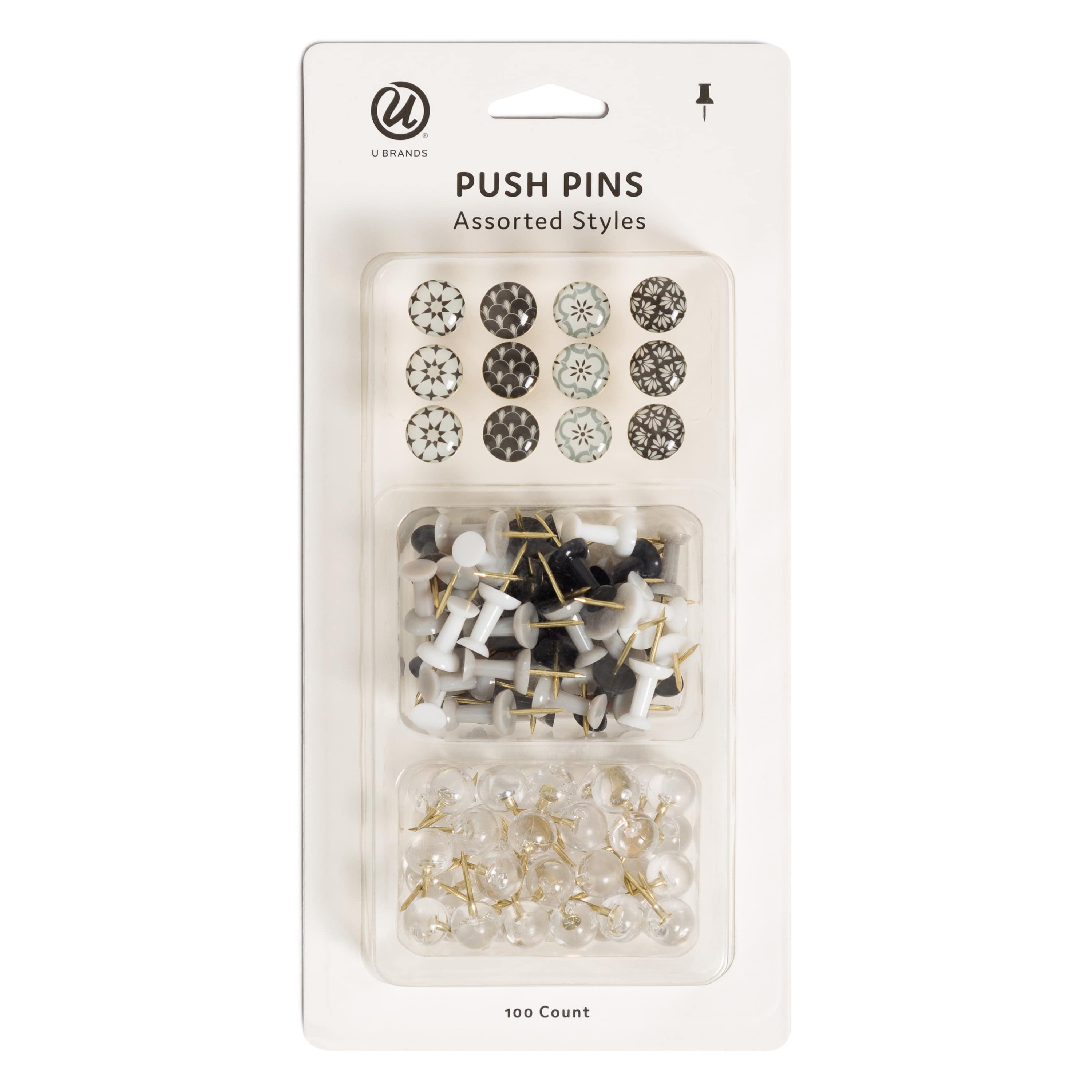 U Brands Fashion Push Pins Assorted, Designer Styles, Multi-Color, Multi-Patterns, 100 ct.