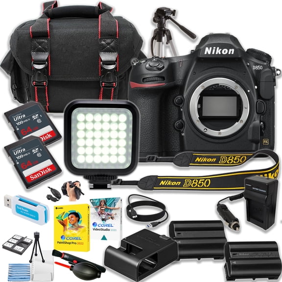 Nikon D850 DSLR Camera (Body Only)   2pc SanDisk 64Gb Ultra Memory Card   15 Inch Tripod   Camera Case   More (18pc Bundle) (International Version)