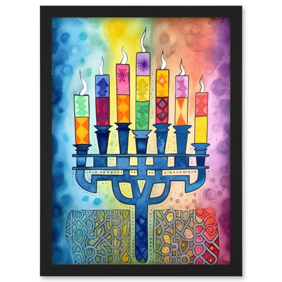 Jewish Menorah Candles Multicolour Folk Art Watercolour Painting Artwork Framed Wall Art Print A4