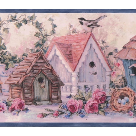 Birdhouses Wallpaper Border - Rustic Pink Blue Flowers Birdhouses Vintage Wallpaper Border Retro Design, Roll 15' x 7''