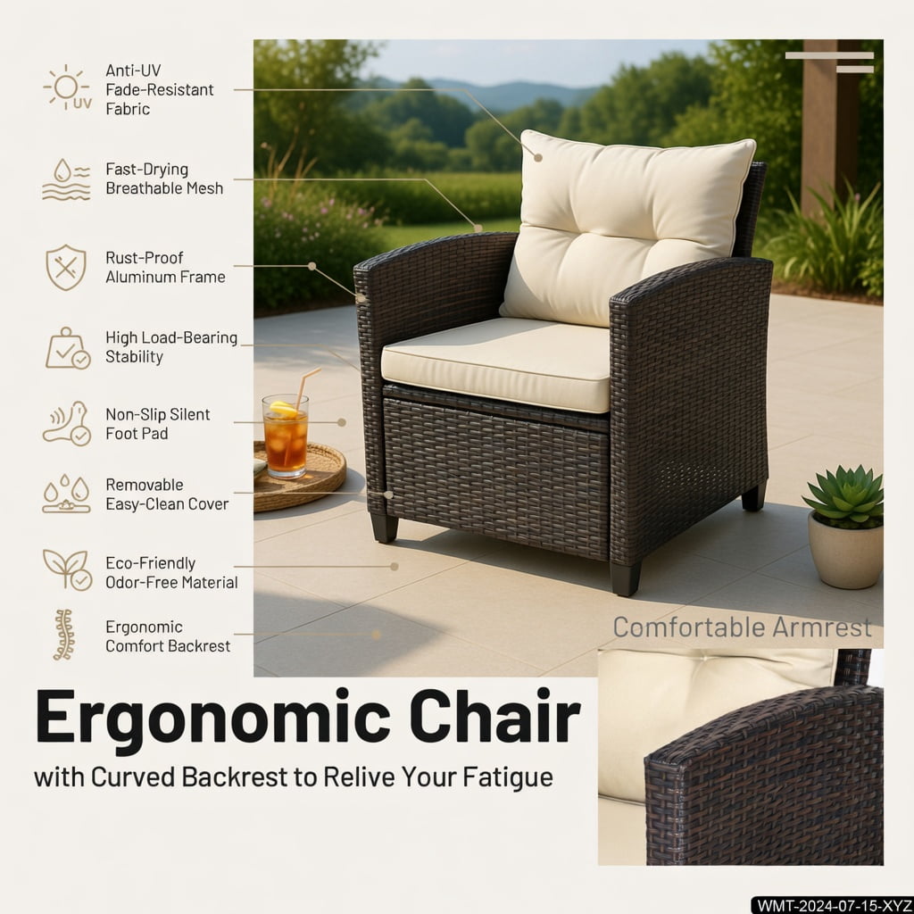 Hommoo 3-Piece Outdoor Rattan Patio Furniture Set with Cushions & Tempered Glass Coffee Table, Beige