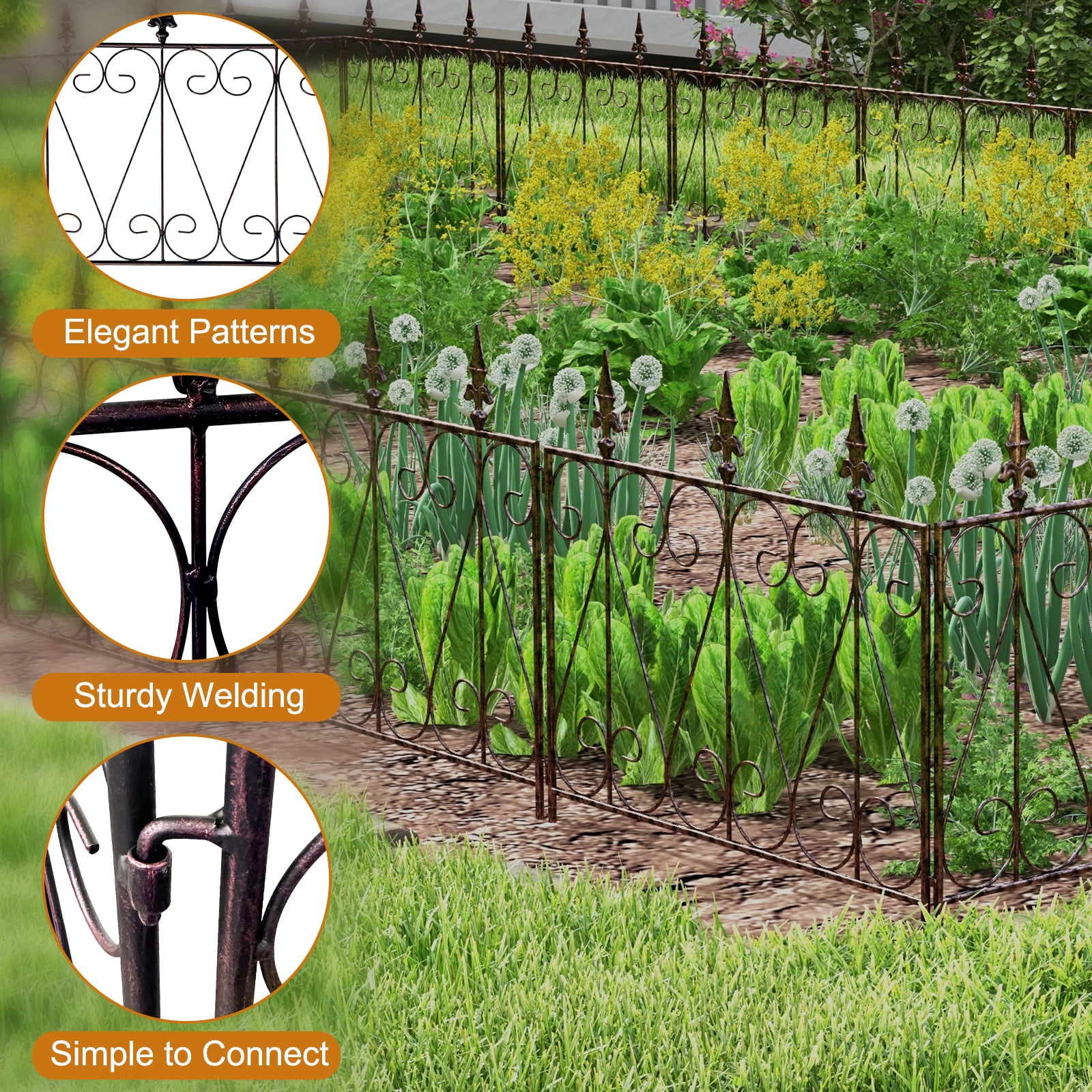Kinbor 5 Panels Decorative Garden Fence Border Metal Garden Fencing Animal Barrier for Dogs Flower Edging for Yard, Black Gold