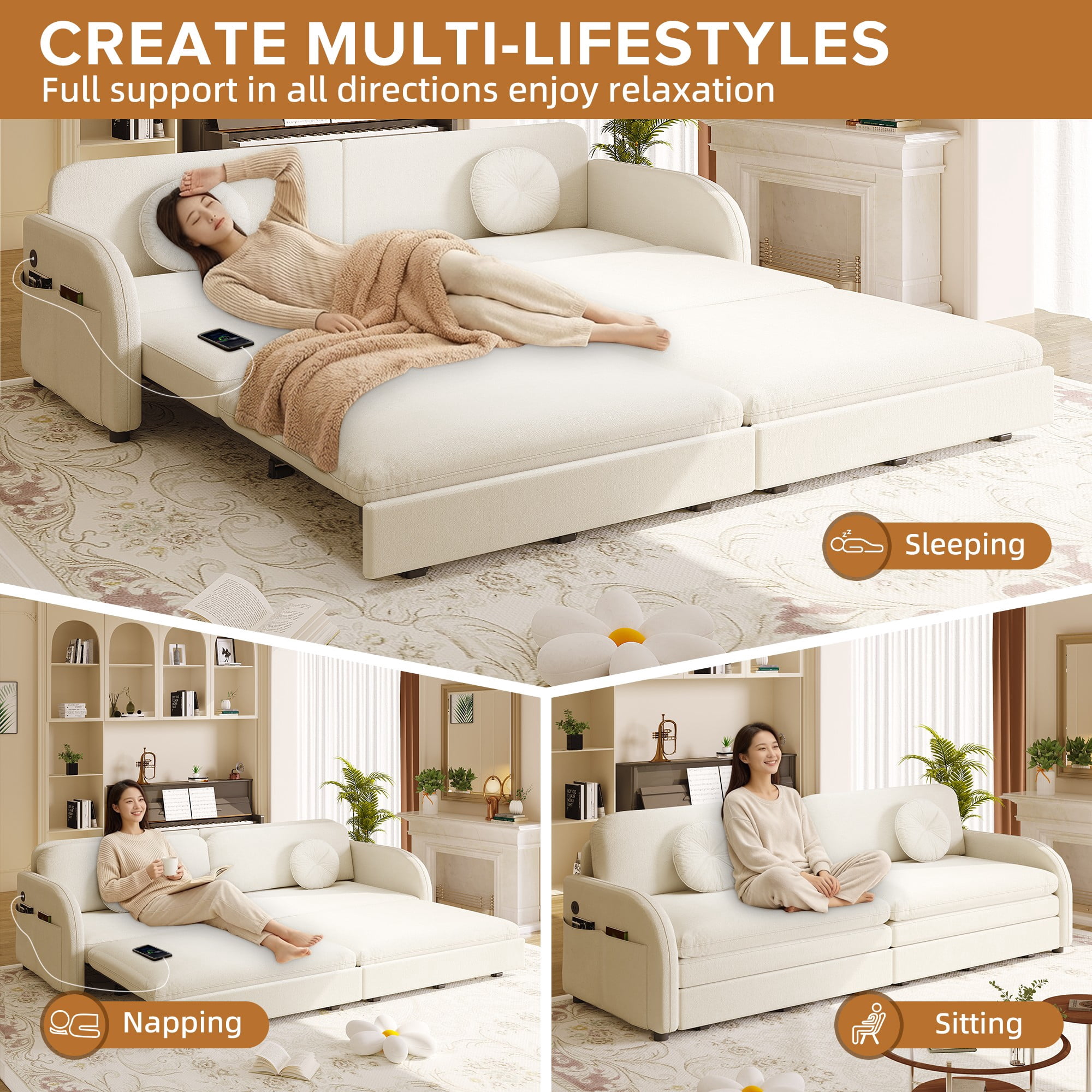LLappuil King Size Pull Out Sofa Bed, Compact Loveseat Sofa Covertible Sofa Bed with USB Port, Side Pocket , Chenille Sofa Couch for Living Room Beige