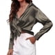 thumbnail image 3 of Blusas de Satén con Cuello en V y Larga para Mujer, Blusas de Seda de Verano, Moda 2025 Gris Oscuro L, 3 of 9