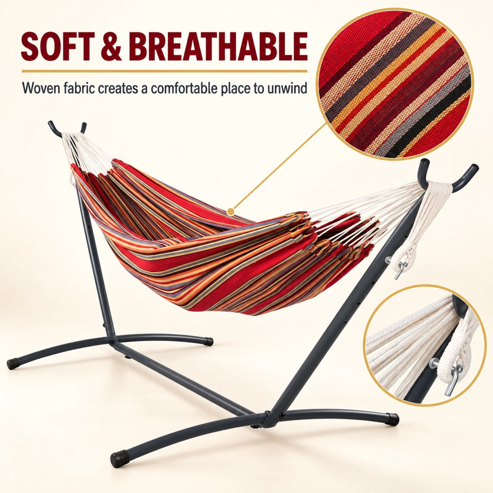 Inolait Portable Double Hammock with Stand, 2-Person Outdoor Hammock with Carrying Bag Stripe Pattern