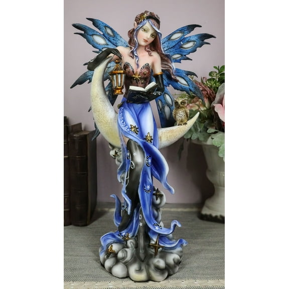 Fairy With Book Lantern And Owl On Crescent Moon Clouds and Stars Statue 14" H