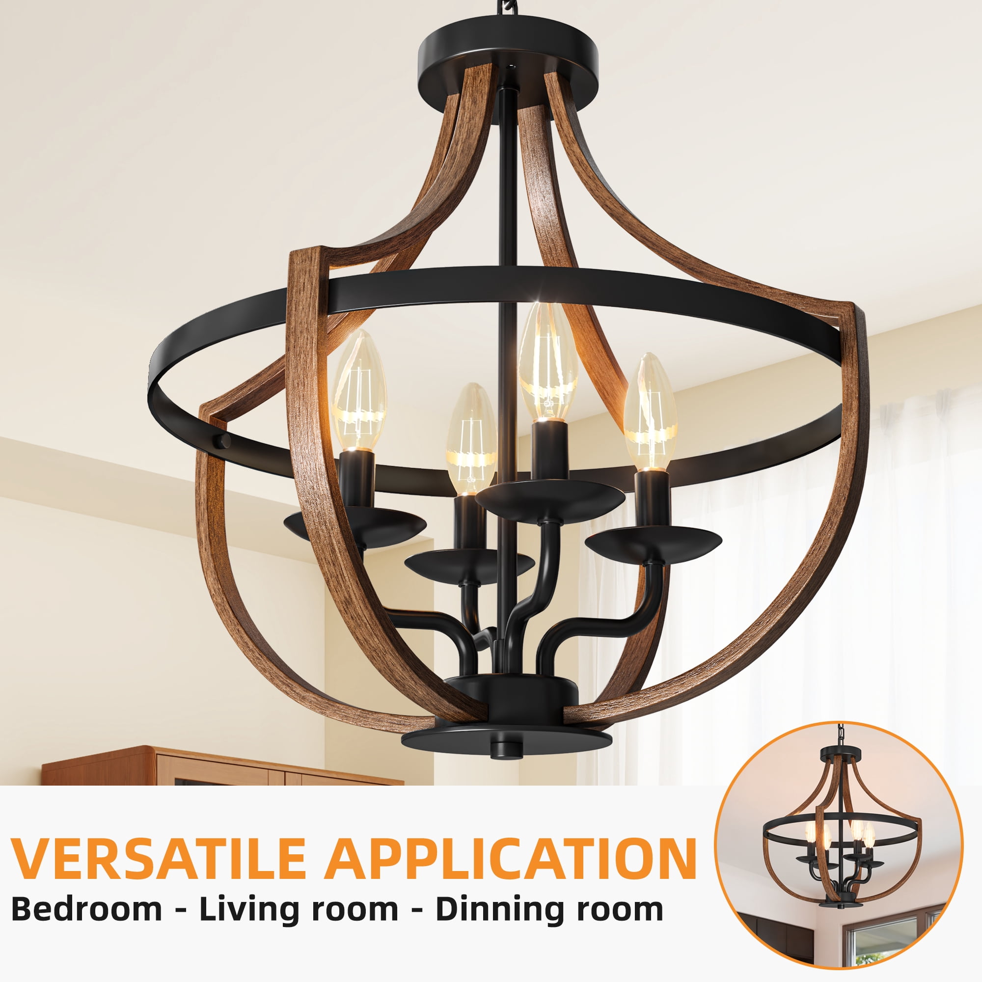Uforic 16.5" Ebony Wood Chandelier, Adjustable Country Fixture, Five-Light Pendant