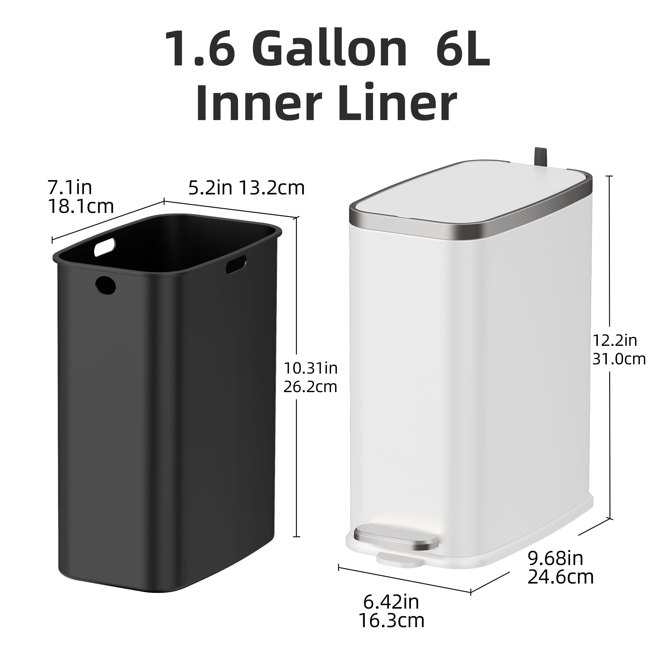 KSSKSS 1.6 Gallon/6L Slim Stainless Steel Bathroom Trash Can with Lid, Soft-Close Small Garbage Bin for Narrow Spaces, White