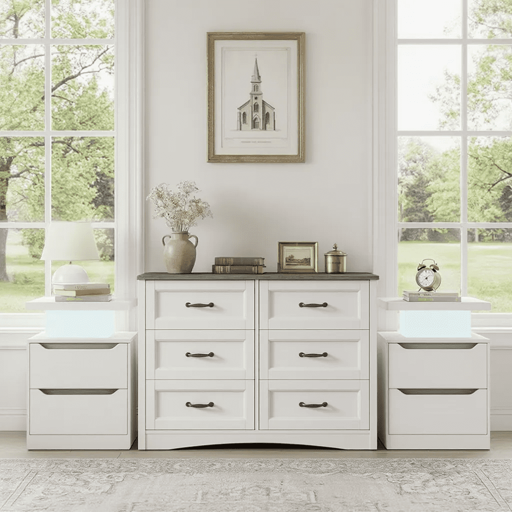 3-Piece Dresser and Nightstand Sets: 2 x Nightstands with Charging Station & Led Light + 1 x 6-Drawer Dresser, Anti-Tip Safety, for Bedroom, Hallway, Living Room, Office, Closet, Easy Assembly, White