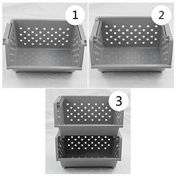 3 Pack Stacking Open Front Storage Bins, Gray Stackable Pantry Basket Plastic