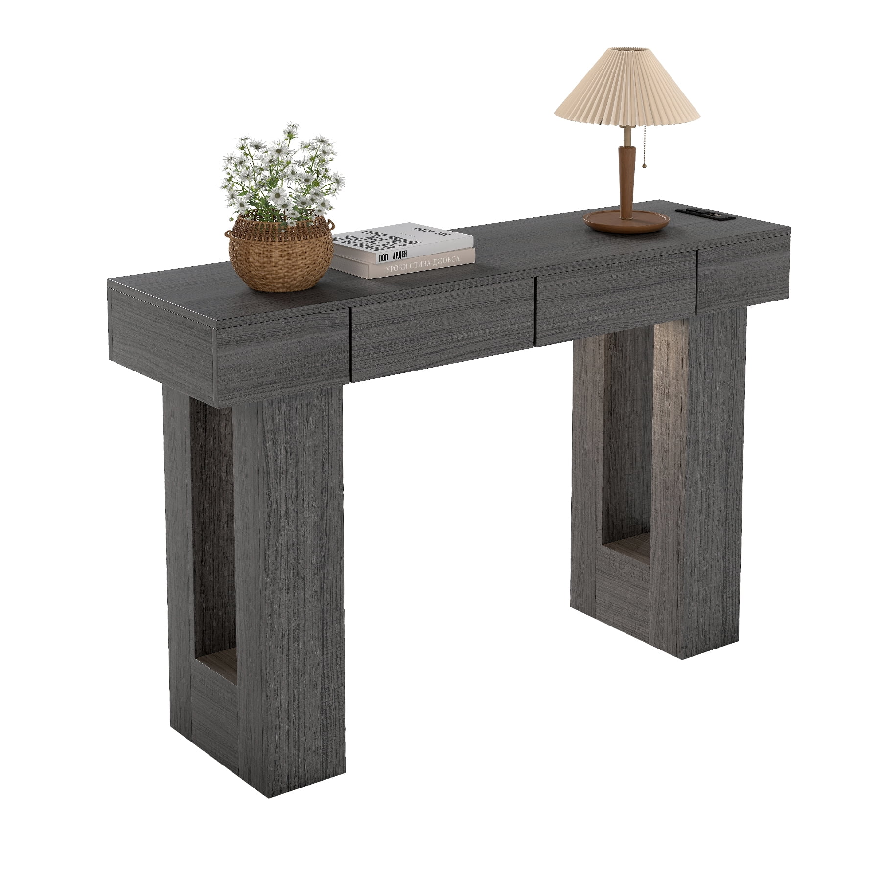 MOONMISS 47"Wide Console Table with 2 Drawers, Multifunctional Charging Station, LED Light, Solid Wood Farmhouse Console Table Behind Couch for Entryway, Hallway, Living Room-Gray