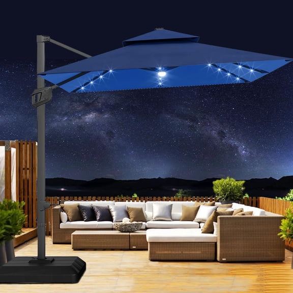 10 ft Cantilever Patio Umbrella with Solar LED Lights,Weighted Base,Square Offset Umbrella,Navy Blue