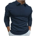 thumbnail image 3 of DDAPJ pyju Mens Striped Polos Ribbed Knit Long Sleeve Collared T-shirt Slim Fit Stretch Golf Shirt Lightweight Casual Office Work Tops Holiday Sales Navy XXL, 3 of 6
