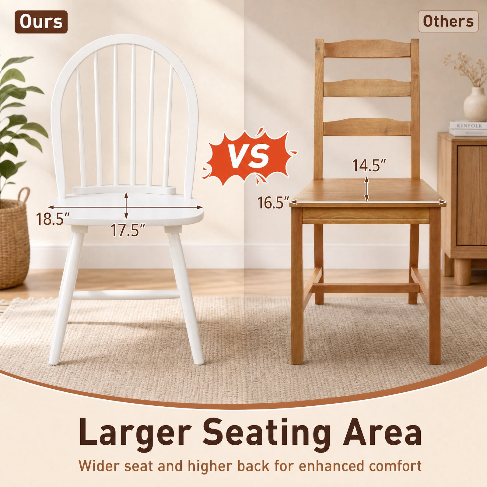 Furnibear Set of 2 Vintage Windsor Wood Chairs with High Spindle Back and Ergonomic Widened Seat for Dining Room and Kitchen, White