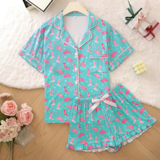 TINZ Ensembles de Pyjamas de la Saint-Valentin pour Femmes 2 Pcs Pyjama en Soie à Boutons Manches Pyjamas de Détente Ensembles de Pyjamas pour Femmes