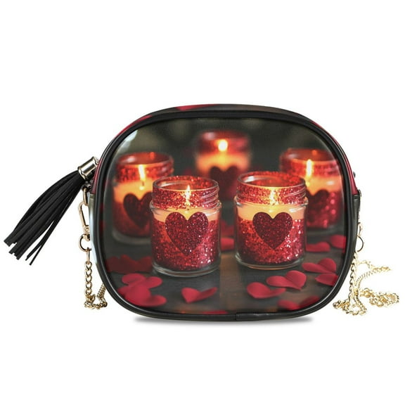 Womens Casual Chain Shoulder Bag Simple style Red Candles with Roses Hearts Crossbody Bag