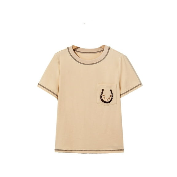 Women's Apricot RODEO Horseshoe Embroidered Patch Pocket T-Shirt - [ZhiHiMeRi] | (US 12-14)L