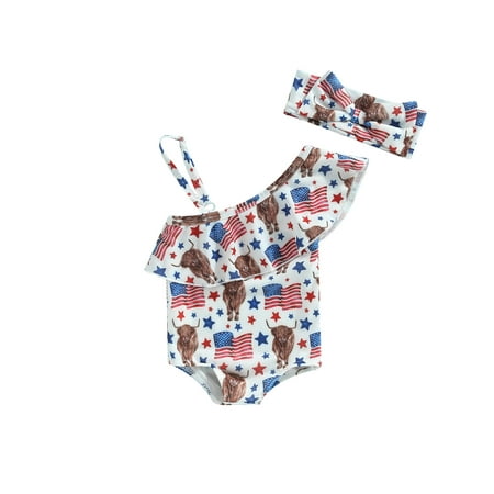 

Lieserram Baby Toddler Girl One Piece Swimsuits 6 9 12 18 24 Months 2T 3T Summer Cow Head Print One Shoulder Romper and Headband Beachwear Bathing Suits