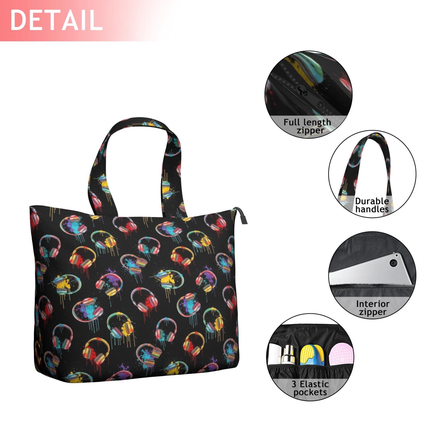 Colorful Headphones Games Icons Black Pattern Travel Tote Bags for Women Carry On,Large Weekender Bags for Women Travel,Multi Functional Duffle Bag for Work,Shopping,Sports