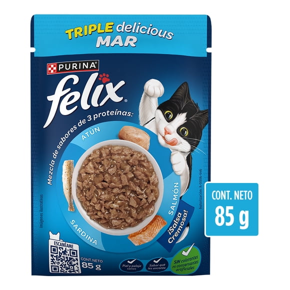 Alimento para Gato Purina Felix ¡Trocitos Jugosos! Atún, Salmón y Sardina 85 g