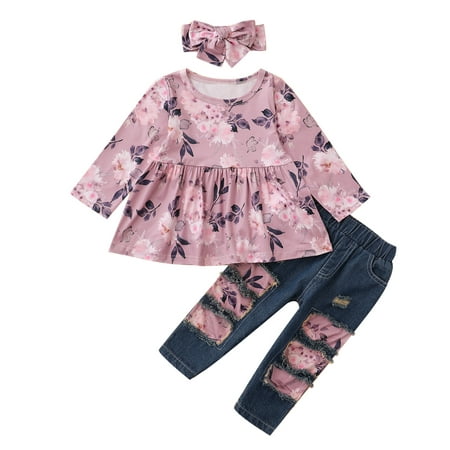 

Kucnuzki 2T Toddler Girl Fall-Winter Outfits Pants Sets 3T Long Sleeve Flower Prints Ruffled Layer Tops Elastic Denim Ripped Pants Headband 3PCS Set Purple