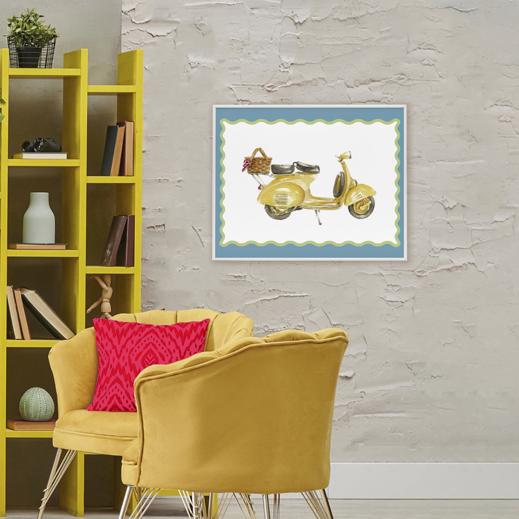 Stupell Industries Yellow Vespa with Wavy Border White Framed Giclee Art, design by Lanie Loreth