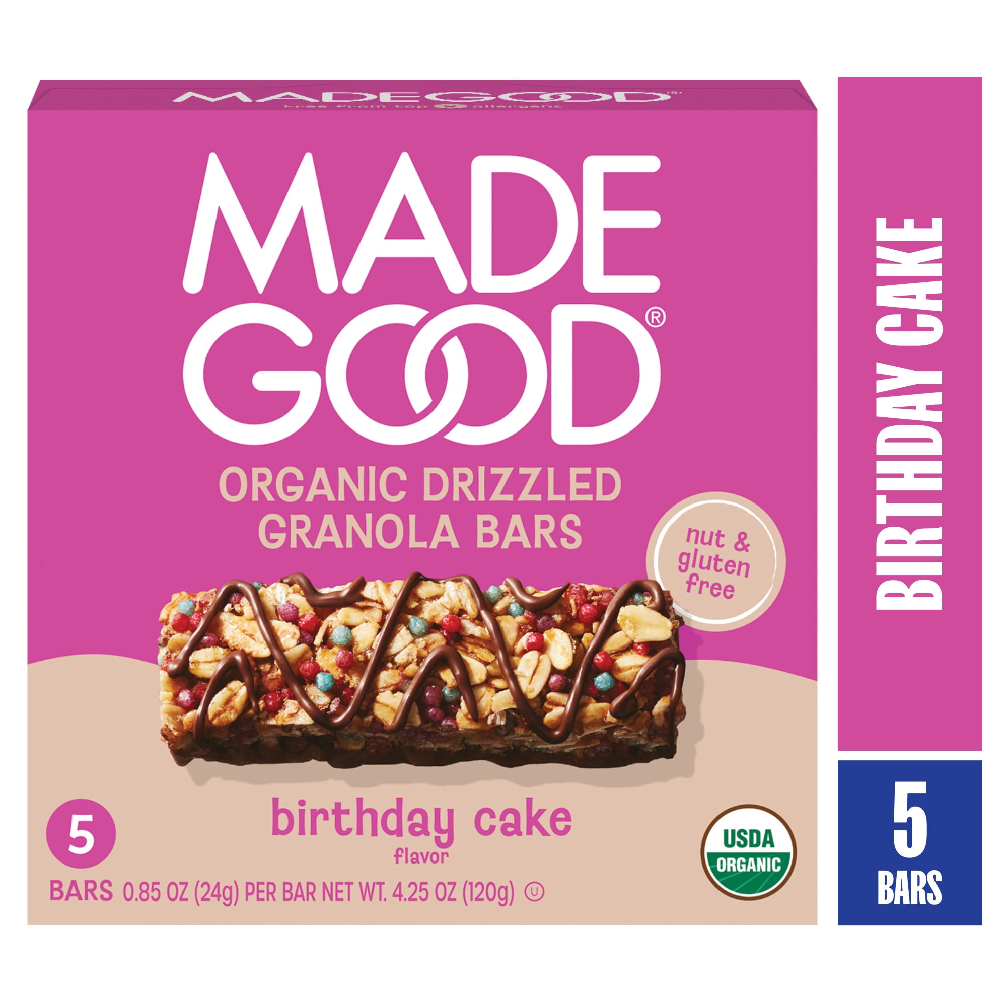 (4 pack) MadeGood Chocolate Drizzle Birthday Cake Granola Bars, 5 Healthy Snack Bars, 0.78 oz