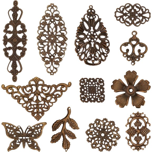 DIY 120Pcs 12 Styles Filigree Connector Charms Filigree Metal Charms Vintage Flower Leaf Tibetan Style Chandelier Component Links for Jewelry Making Earrings Embellishment Art Hairpin Headwear DIY