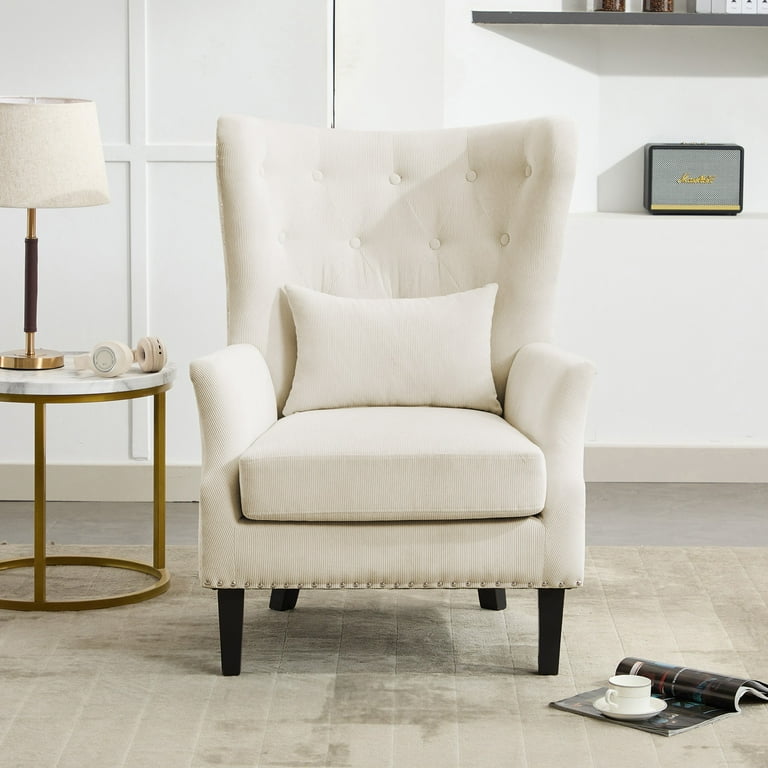 JUSTLET Accent Chair with High Back Corduroy Tufted Button Wingback Chair Upholstered Side Armchair Comfy Lounge Chair with Wood Legs for Home Office Living Room Bedroom Beige Walmart