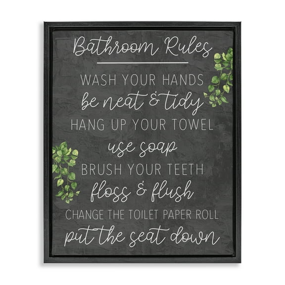 Stupell Industries Bathroom Rules with Greenery Bath & Laundry Painting Black Floater Framed Canvas Art Print Wall Art, 17 x 21
