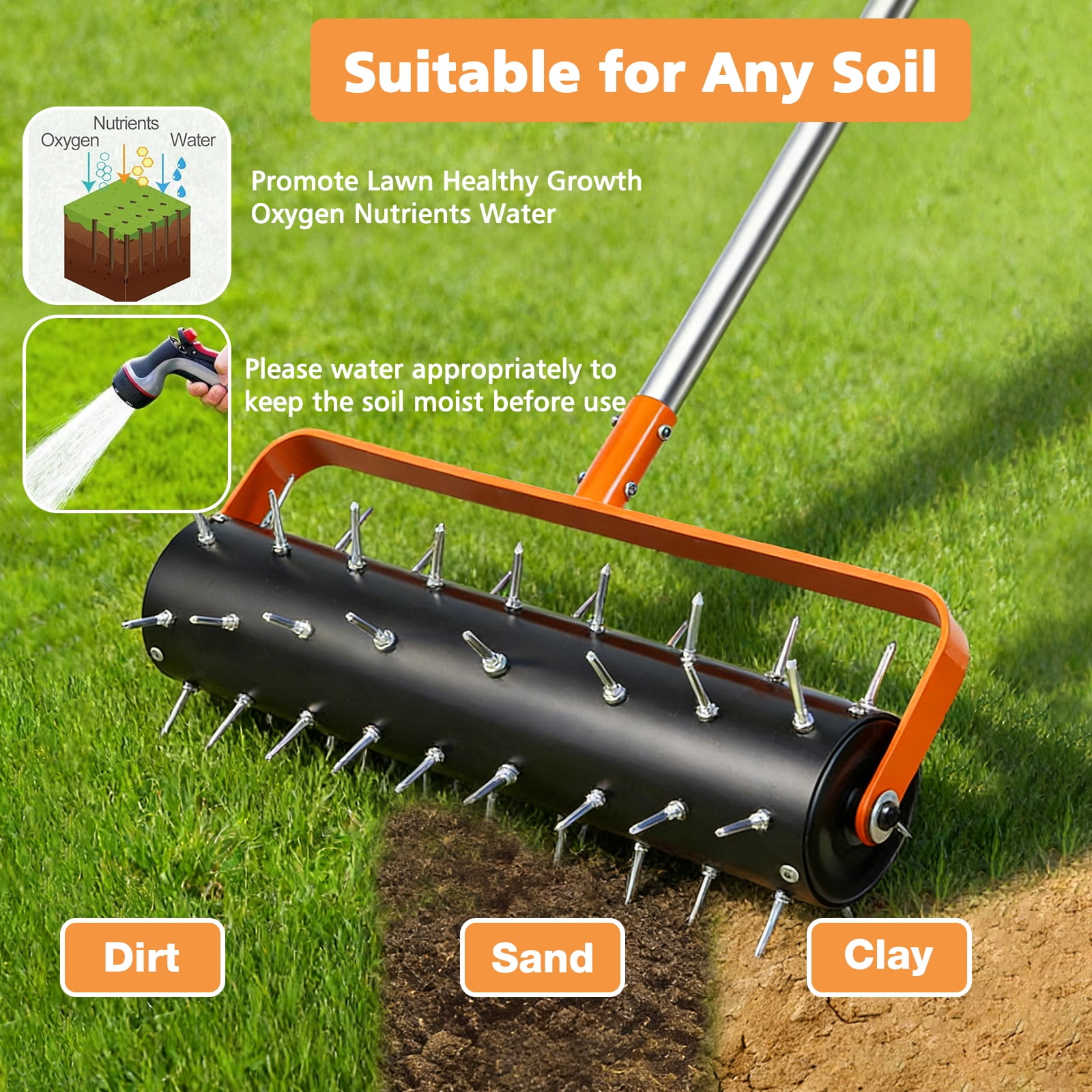 ROMUCHE Rolling Lawn Aerator - 42 Spikes with Spiral Design, 71" Adjustable Handle Manual Push Aerator Lawn Tool for Compacted Soil in Yard, Grass,Garden, Patio