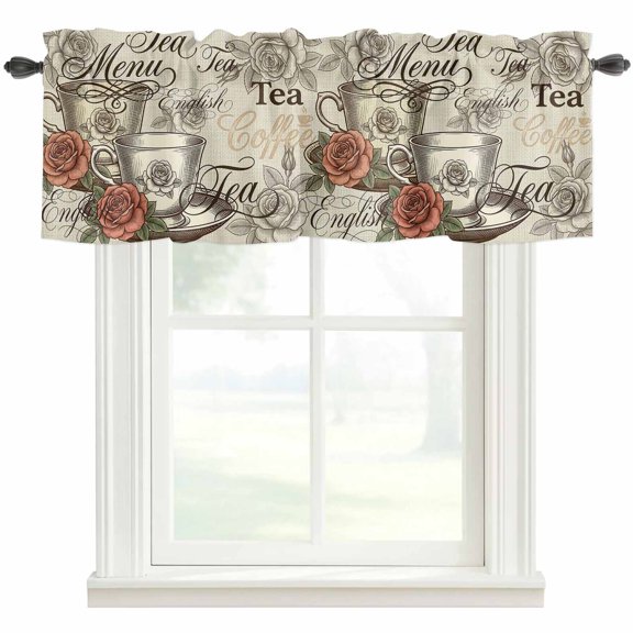 Coffee Tea Time Kitchen Valances for Windows, Vintage Cup Roses Floral Rustic Bathroom Window Valances 60x18 Inch Rod Pocket Window Treatments Valance Curtains for Living Room Bedroom Decor