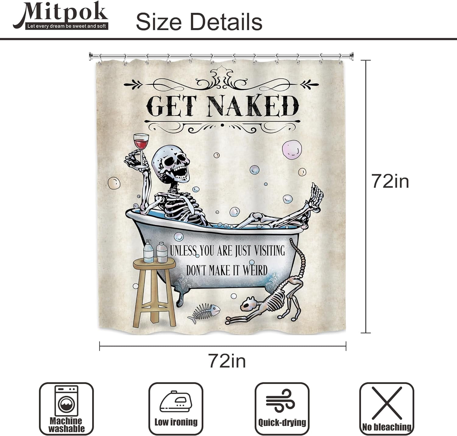 Funny Skull Skeleton Shower Curtain 72"W x 72"LGothic Spooky Bone in Bathtub Halloween Vintage Cat Fish Bubbles Horror Scary Bathroom Decor Unique Cool Bath Curtain Fabric Polyester 12 Pack Hooks