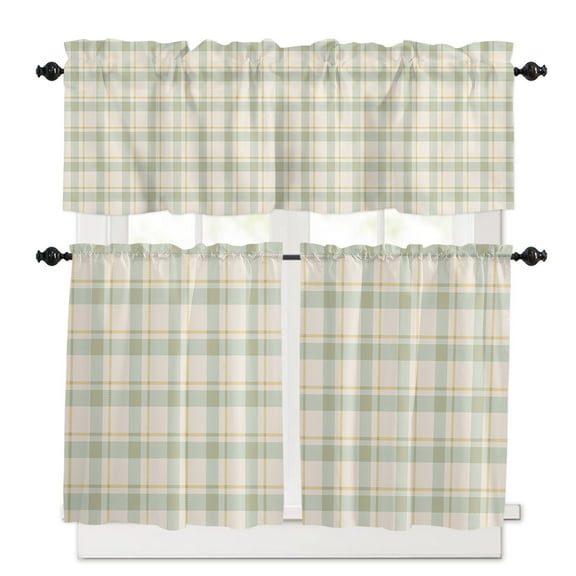 Farmhouse Grid, Kitchen Curtains and Valances Set, 3 Piece Kitchen Curtains Set 24 Inch Length, Country Minimalistic Geometric Plaid Lattice Rod Pocket Curtains Tier Farmhouse Window Curtains