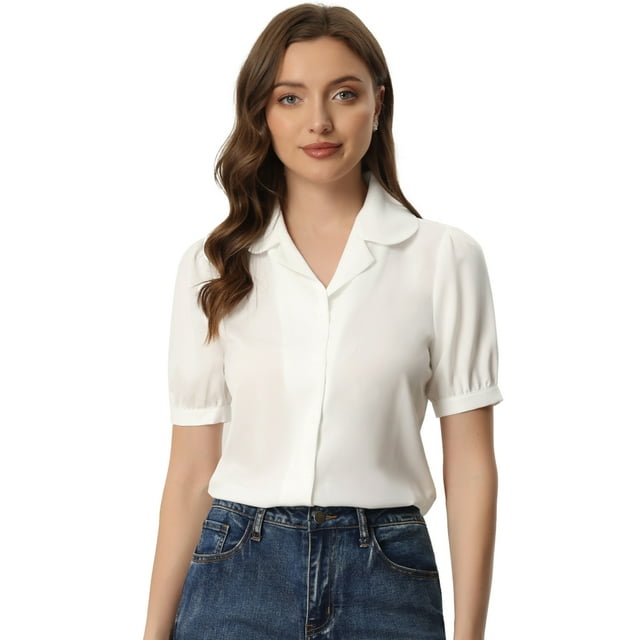 Unique Bargains Chemisier à Col pour Femmes Boutons devant Manches Courtes pour le Travail