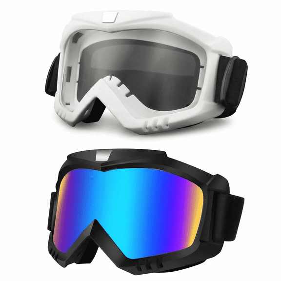 CNDRLEF Motorcycle Goggles 2 Pack, Dirt Bike Ski Riding Goggles, Helmet Compatible, Black Mirror Lens and White Clear Lens, Adjustable Strap