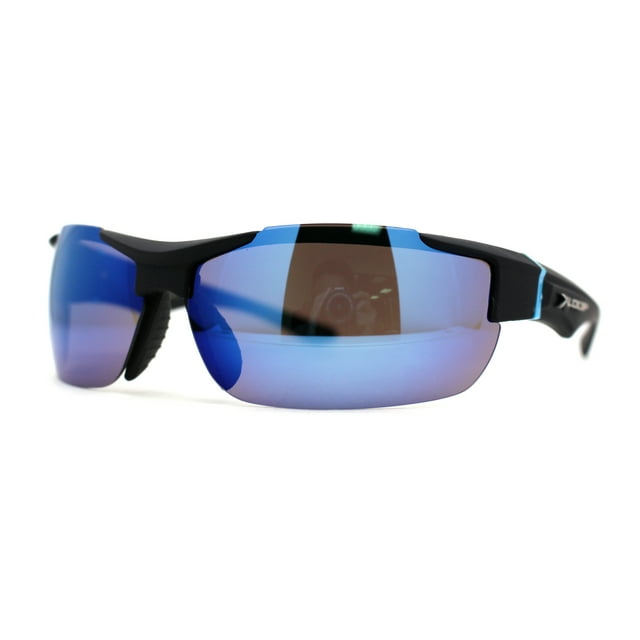 Xloop Mens Wrap Futuristic Half Rim Mirror Sport Sunglasses Black Blue Mirror